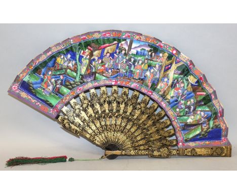 A GOOD QUALITY 19TH CENTURY CHINESE LACQUERED WOOD & PAINTED PAPER EXPORT FAN, together with its original fitted silk overlai