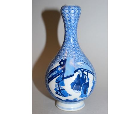 A CHINESE BLUE & WHITE PORCELAIN VASE, with an onion neck, the sides decorated with figural panels reserved on a dense scroll