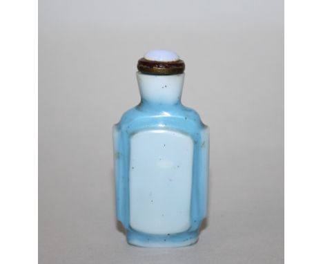 A GOOD 19TH CENTURY CHINESE GLASS SNUFF BOTTLE & OPAL-LIKE STOPPER, of unusual flattened and facetted form, the body of predo