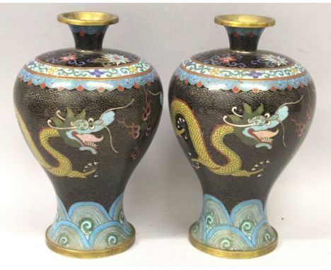 A PAIR OF 19TH/20TH CENTURY CHINESE CLOISONNE DRAGON VASES, circa 1900, each baluster form body decorated with a pair of conf