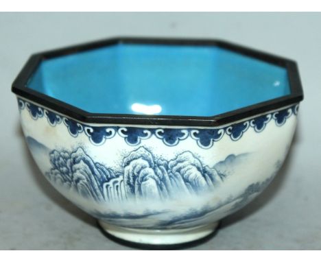 A CHINESE CANTON ENAMEL OCTAGONAL BOWL, decorated in blue on a white ground with columns of calligraphy and with a continuous