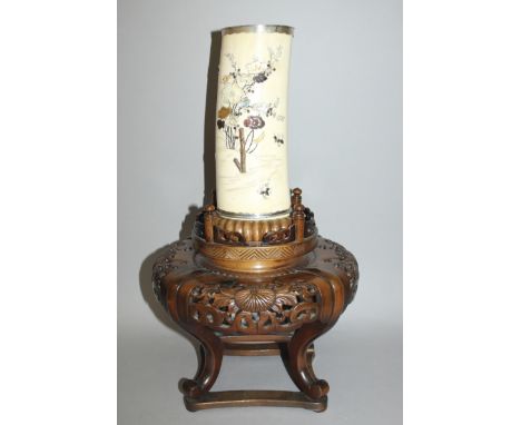 A FINE QUALITY SIGNED JAPANESE MEIJI PERIOD SHIBAYAMA & IVORY TUSK VASE, together with a large elaborately carved fitted wood