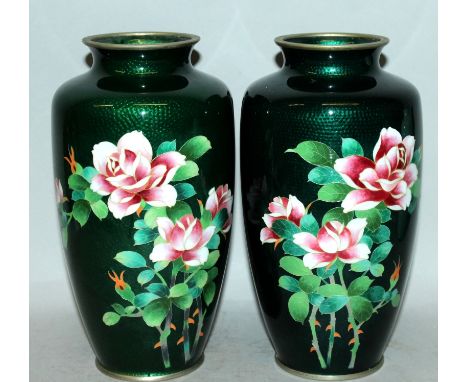 A MIRROR PAIR OF EARLY 20TH CENTURY JAPANESE CLOISONNE & GIN BARI VASES, each decorated in opaque enamels with a spray of peo