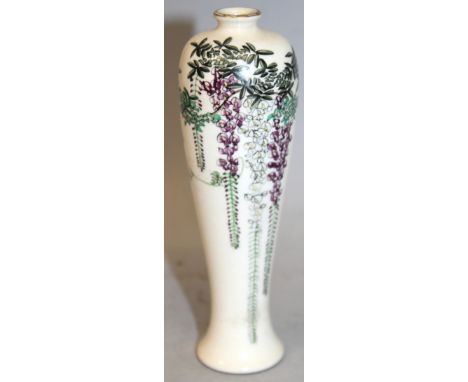 A SMALL SIGNED JAPANESE MEIJI PERIOD KINKOZAN EARTHENWARE VASE, the high-shouldered body painted with hanging wisteria, the b