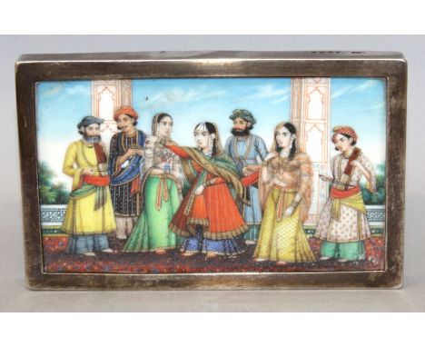 A FINE QUALITY 19TH CENTURY INDIAN RECTANGULAR MINIATURE PAINTING ON IVORY, mounted in a English hallmarked silver frame, the