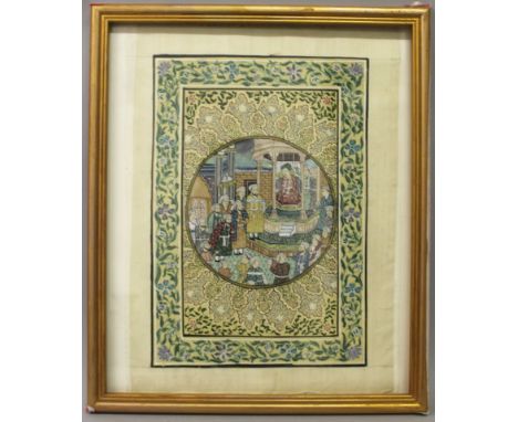 A SIMILAR 20TH CENTURY FRAMED PERSIAN PAINTING ON PAPER, the centre with a circular panel of a potentate and attendants, the 