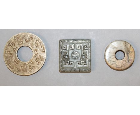 A SMALL CHINESE JADE-LIKE SQUARE PLAQUE, 1.5in square; together with two small stone bi discs, 2in & 1.4in diameter. -2 