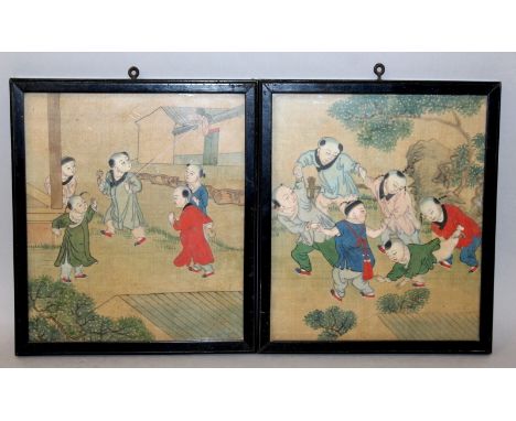 A SMALL PAIR OF 19TH CENTURY FRAMED CHINESE PAINTINGS ON SILK, each depicting a group of playing boys, the frames 7.75in x 6.