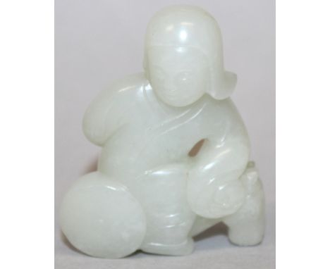 A CHINESE CELADON JADE-LIKE FIGURE OF A LADY, seated on a hobby horse, 2.25in high. 