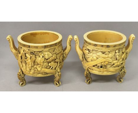 A PAIR OF FINE QUALITY SIGNED JAPANESE MEIJI PERIOD IVORY TRIPOD KOROS, each carved in deep relief with extremely detailed sc