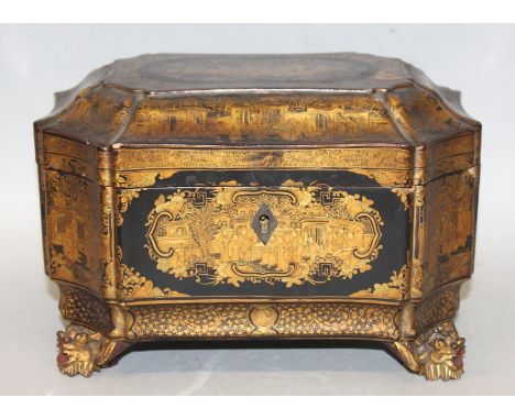 A GOOD 19TH CENTURY CHINESE LACQUERED WOOD & PEWTER TEA CADDY, with shaped and waisted sides, the hinged cover and sides deco