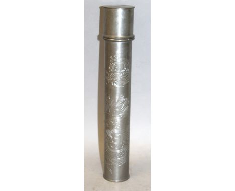 AN UNUSUAL EARLY 20TH CENTURY CHINESE PEWTER SCROLL CASE & COVER, the sides incised with a sinuous dragon, each piece with an