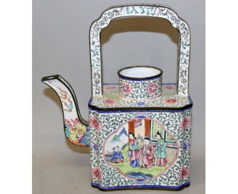 A CHINESE CANTON ENAMEL TEA KETTLE, possibly 18th Century, with overhead handle and of rectangular section with waisted sides