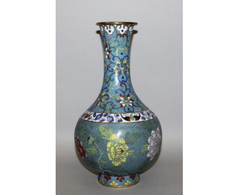 A 19TH CENTURY CHINESE CLOISONNE VASE, the sides of the bulbous body decorated with peony and rockwork reserved on a linked w