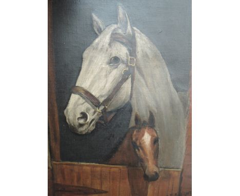 An oil painting, A R Knight, horse and foal in stable, signed and dated 1912, 12in x 9.5in