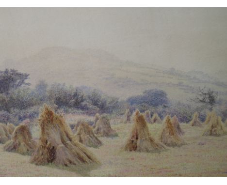 A watercolour, H Measham, A Hazy Day in Harvest, signed and dated 1879 and attributed verso, 13in x 21inSlight discolourant t
