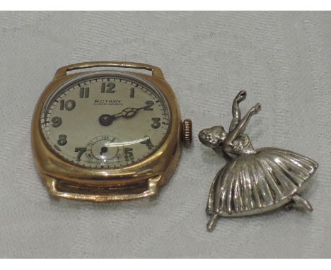 A vintage 9ct gold wrist watch by Rotary having Arabic numeral dial with subsidiary seconds, no strap, and a small HM silver 