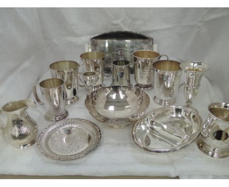 A selection of plated ware including British Automobile Racing Club trophy tankards, plates, dishes etc