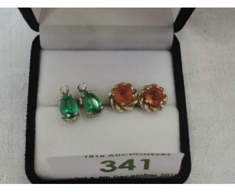 Two pairs of stud earrings including citrine style in 9ct gold surround and teardrop green tourmaline with cubic zirconia dec