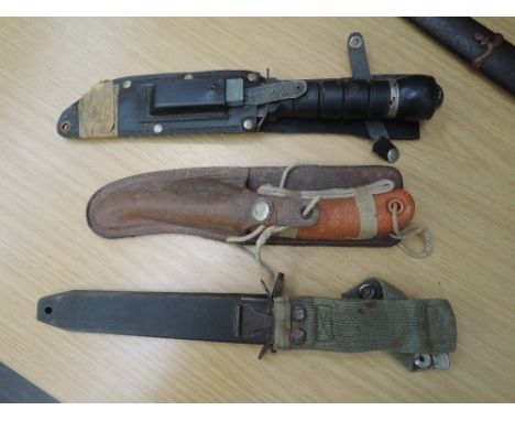 A collection of three knives, a World War II rubber dinghy knife 27C/2033, vintage survival knife with compass and vintage mi