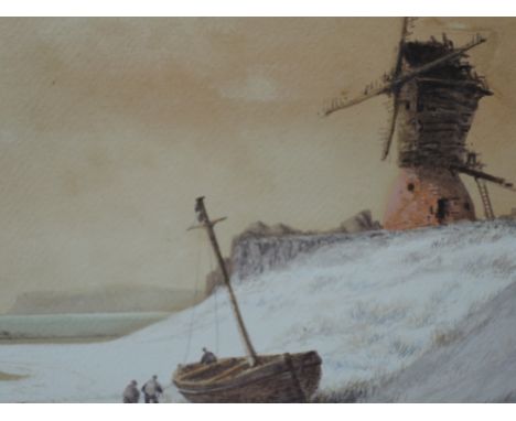 A watercolour, J R Mather, coastal landscape with windmill, signed, 15in x 21in