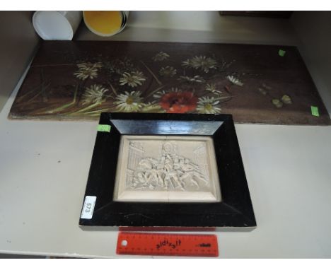 A Victorian stoneware/ceramic rectangular plaque having pictorial period fight night sword orgy scene, framed and a wood pane