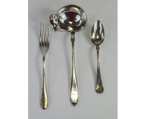 Swedish Antique Silver Ladel, with Full Swedish Silver Hallmarks for 1912. Length 6.5 inches. Plus a Silver Fork and Spoon. F