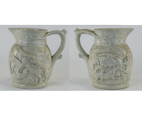 18th / 19th Century Heavy Cream ware Pitcher / Jug with Embossed Images of a Wild Boar Being Attacked by Hounds. The Obverse 