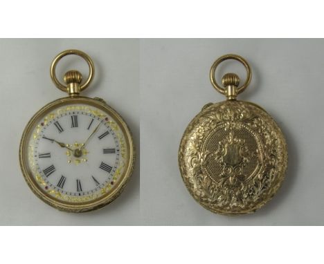 A Fine 14ct Gold Cased - Keyless Fob Watch, The White Porcelain Dial Highlighted with Gold Decoration and Embossed Decoration