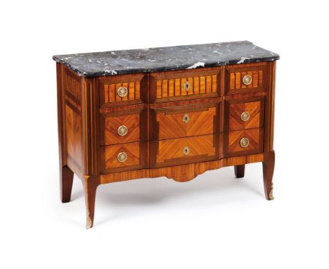 A Louis XVI style commodeMahogany, rosewood and other timbers Marquetry decoration Three short and two long drawers Gilt meta