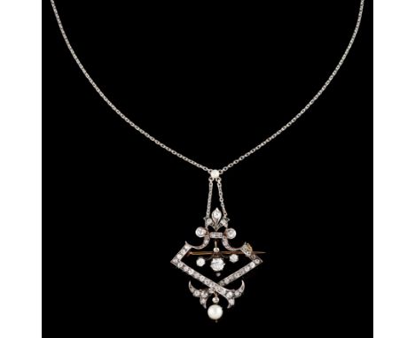A chain with pendant/broochGold and silver Padlock chain of Romantic era stylised foliage pendant set with one antique brilli