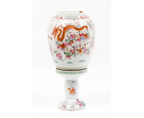 A lantern with stand"Egg shell" porcelain Polychrome "Famille Rose" enamelled decoration of festival with children China, Rep