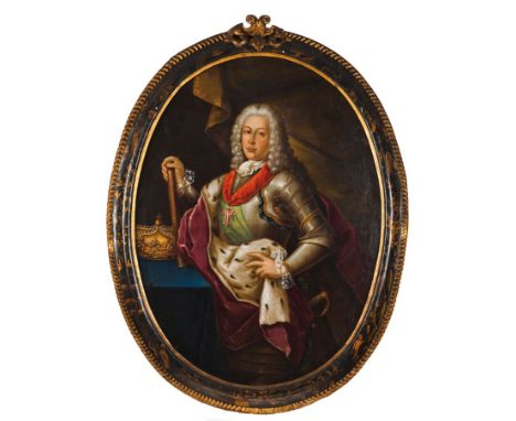 Portuguese school, 18th centuryPortrait of King José I of Portugal (1714-1777) Oil on canvas Black lacquered and gilt frame w