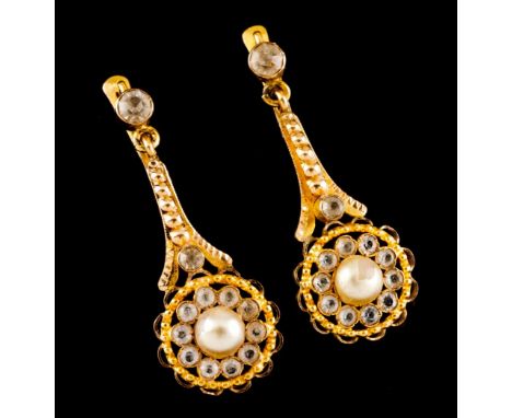 A pair of earringsGold Stylised flower pendant set with one central pearl and various colourless stones Dragon hallmark 800/1