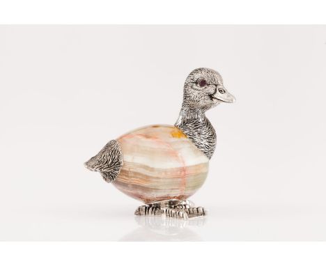 A duckSilver Moulded, engraved and chiselled applied onto egg shaped hardstone Glass eyes Rabbit hallmark 925/1000 (post 2020