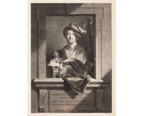 Hyacinthe Rigaud self-portraitBlack print on paper Drawing by Hyacinthe Rigaud (1659-1743)  engraved by Pierre Imbert Drevet 