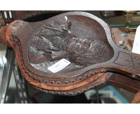 SET OF OAK BELLOWS CARVED WITH AN IMAGE OF ROBERT BURNS
along with a set of oak and brass postal scales with weights 