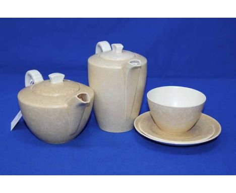 POOLE POTTERY BREAKFAST SET,
including a teapot, jug, cup and saucer