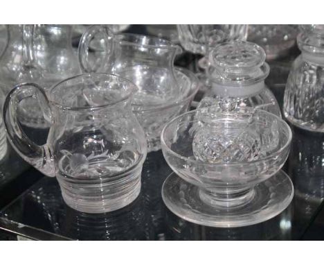 LOT OF CRYSTAL AND GLASSWARE
including large runner, jugs and a decanter 