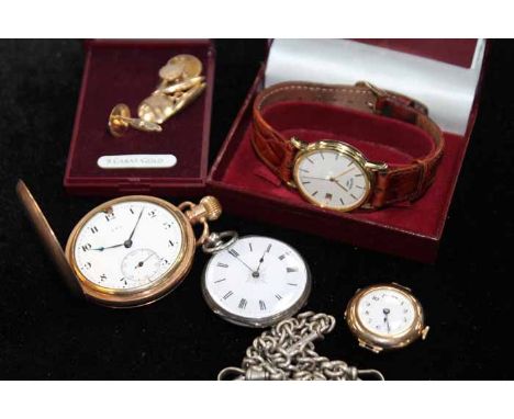 SILVER FOB WATCH, SILVER ALBERT CHAIN, GOLD CASED WATCH FACE, PLATED POCKET WATCH, TWO PAIRS OF GOLD CUFFLINKS AND A ROTARY W