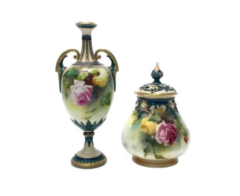 ROYAL WORCESTER POT POURRI WITH COVER, painted with Hadley Roses in pink and yellow, printed marks in green, shape number 291