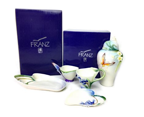 FRANZ BLUEBELL CUP AND SAUCER, in box, along with a Franz Blue Butterfly cup and saucer set, Bluebell tray and Butterfly ging