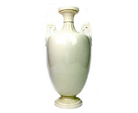 ROYAL WORCESTER TWIN HANDLED VASE, of urn form, beaded neck, spreading circular foot, purple printed marks to base, 42cm high