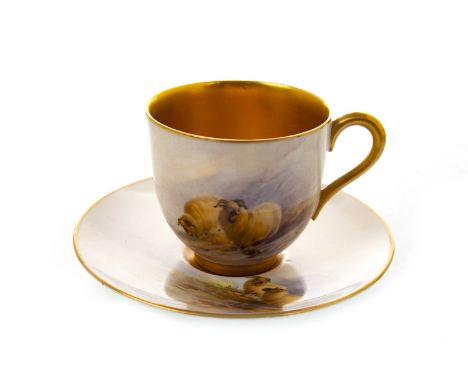 ROYAL WORCESTER COFFEE CUP AND SAUCER, painted with sheep in landscape, by A Barry, signed, printed marks in puce, the cup 5c