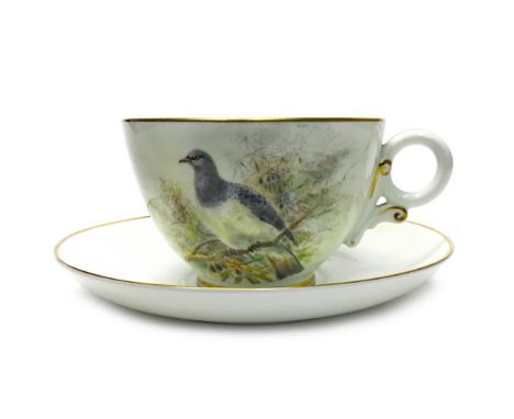ROYAL WORCESTER BREAKFAST CUP AND SAUCER, the cup hand painted with a wood pigeon, by James Stinton, signed, printed marks in
