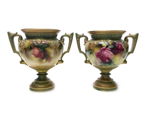 PAIR OF ROYAL WORCESTER HADLEY WARE TWIN-HANDLED VASES, painted with pink and red roses, printed marks in green with 'Hadley 