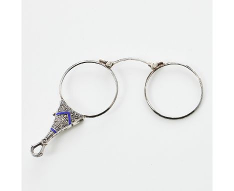 Lorgnon mit Markasiten und blauem Emaille als Anhänger aufklappbar zur BrilleArt Déco, um 1920-1930. 935/- Silber, gestemp. G