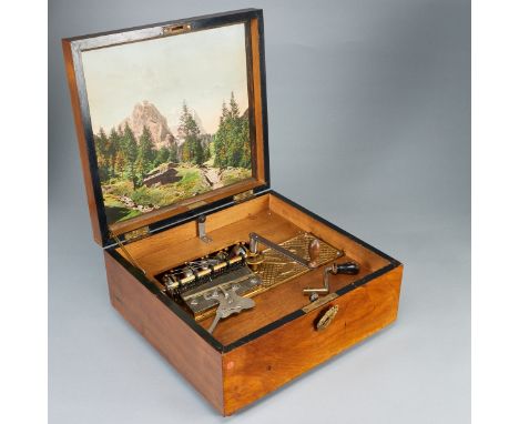 Polyphon "Kalliope"Erste Hälfte 20. Jahrhundert. Holzgehäuse, Lochplattenspielwerk mit Stimmkamm und 5 Glocken, mit diversen 