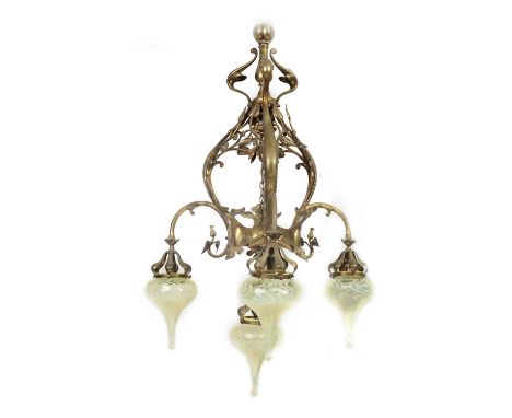 AN ART NOUVEAU BRASS BENSON STYLE FOUR SHADE CEILING LIGHT with scrolling branchwork supporting five vaseline glass shades at