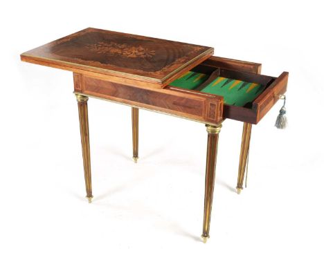 A 19TH CENTURY FRENCH MARQUETRY FIGURED ROSEWOOD AND KINGWOOD GAMES TABLE with panelled quarter veneered floral marquetry top